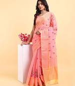 Peach supernet floral thread embroidered saree with blouse piece