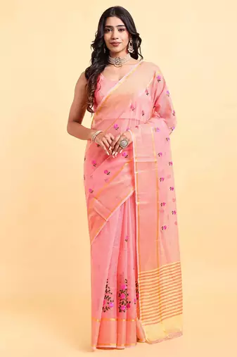 Peach supernet floral thread embroidered saree with blouse piece