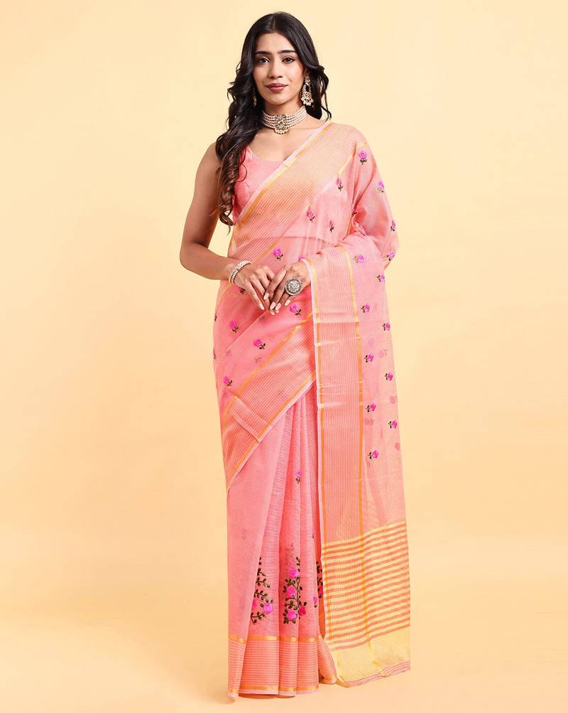 Peach supernet floral thread embroidered saree with blouse piece