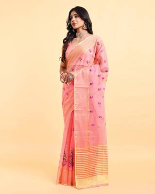 Peach supernet floral thread embroidered saree with blouse piece 3