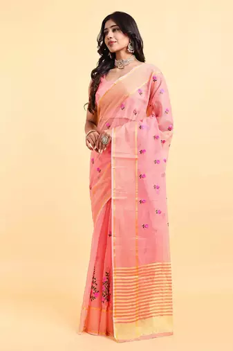 Peach supernet floral thread embroidered saree with blouse piece