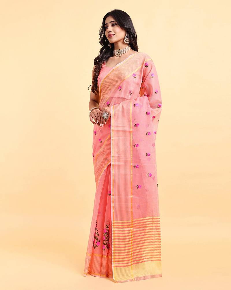 Peach supernet floral thread embroidered saree with blouse piece