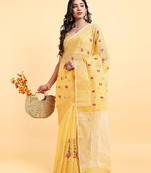 Yellow supernet floral thread embroidered saree with blouse piece