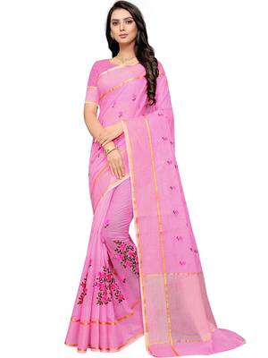 Pink supernet floral thread embroidered saree with blouse piece 1