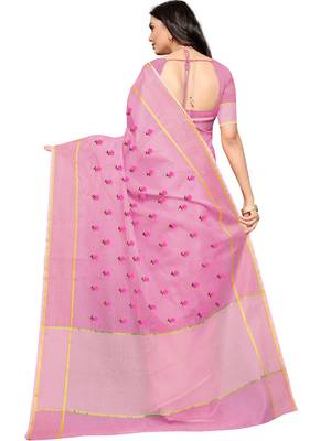 Pink supernet floral thread embroidered saree with blouse piece 2