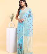 Blue supernet floral thread embroidered saree with blouse piece