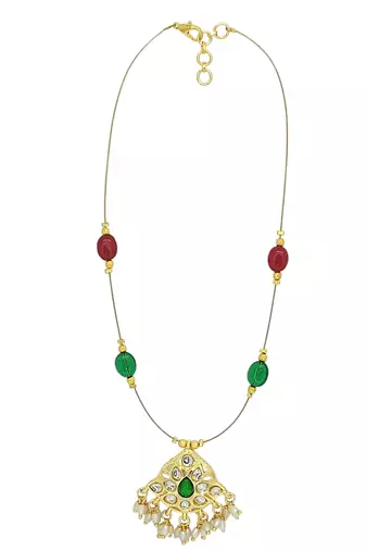 Gold plated kundan multicolor beaded string necklace