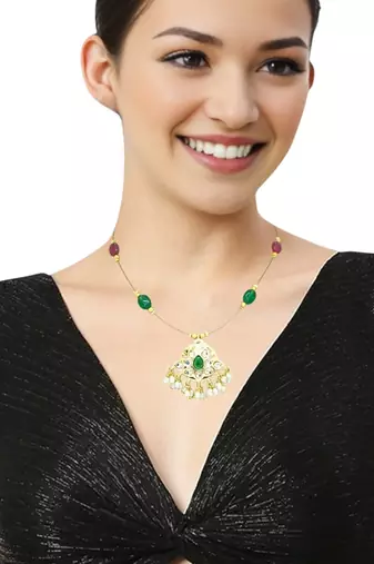 Gold plated kundan multicolor beaded string necklace