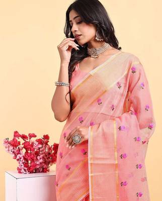 Peach supernet floral thread embroidered saree with blouse piece 4