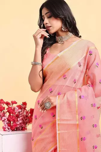 Peach supernet floral thread embroidered saree with blouse piece
