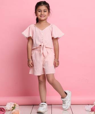 Girls' light peach co-ord set     front-knot top & high-waisted shorts 1