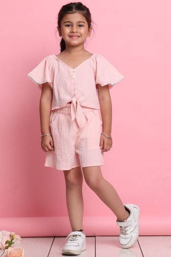 Girls' light peach co-ord set     front-knot top & high-waisted shorts
