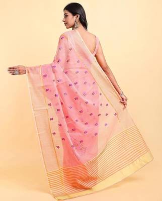 Peach supernet floral thread embroidered saree with blouse piece 5