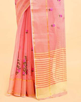 Peach supernet floral thread embroidered saree with blouse piece 6