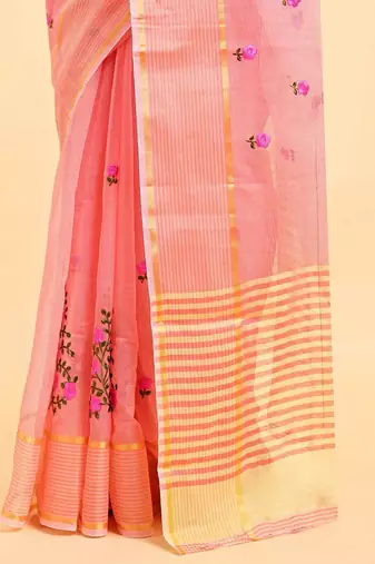 Peach supernet floral thread embroidered saree with blouse piece
