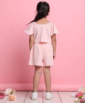 Girls' light peach co-ord set     front-knot top & high-waisted shorts 4
