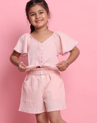Girls' light peach co-ord set     front-knot top & high-waisted shorts 5