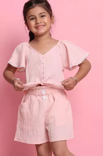 Girls' light peach co-ord set     front-knot top & high-waisted shorts