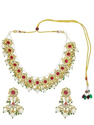 Antique gold-plated kundan maroon beads necklace set 2