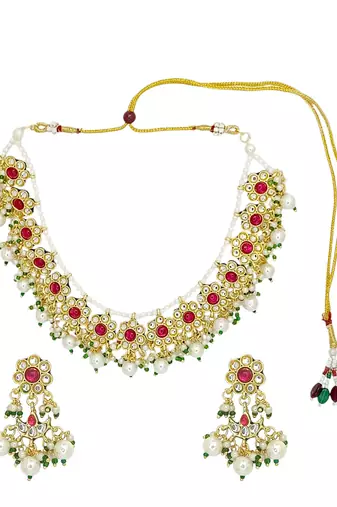 Antique gold-plated kundan maroon beads necklace set