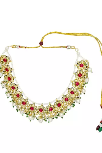 Antique gold-plated kundan maroon beads necklace set