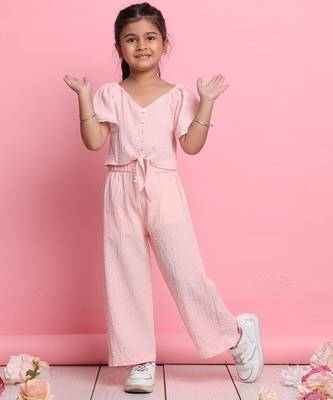Girls' light peach co-ord set     flared sleeve front-knot top & wide-leg pants 1