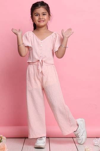 Girls' light peach co-ord set     flared sleeve front-knot top & wide-leg pants