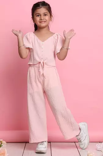 Girls' light peach co-ord set     flared sleeve front-knot top & wide-leg pants
