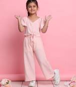 Girls' light peach co-ord set     flared sleeve front-knot top & wide-leg pants