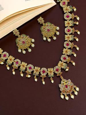 Antique gold plated traditional multicolor stones necklace set 1