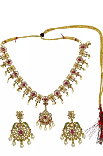 Antique gold plated traditional multicolor stones necklace set