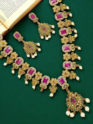 Antique gold plated multicolor stone studded necklace set 1