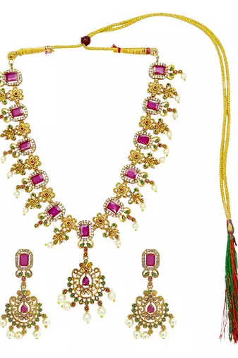 Antique gold plated multicolor stone studded necklace set
