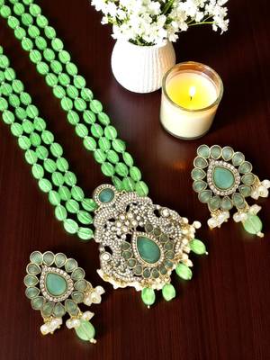 Antique gold plated mint green victorian long necklace set 1