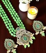 Antique gold plated mint green victorian long necklace set