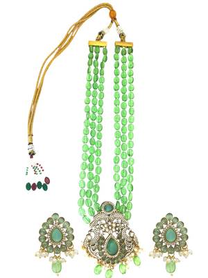 Antique gold plated mint green victorian long necklace set 2