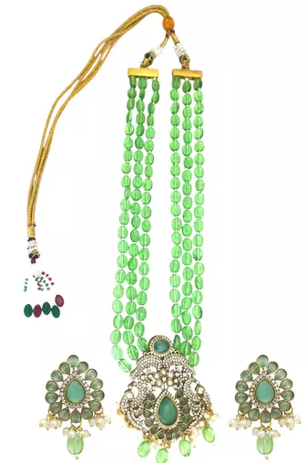 Antique gold plated mint green victorian long necklace set