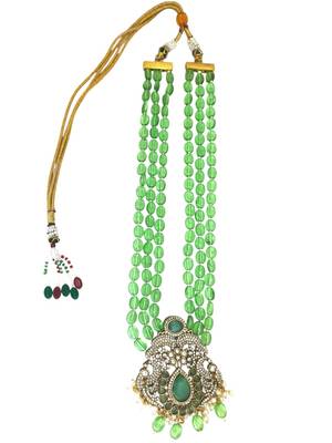 Antique gold plated mint green victorian long necklace set 3