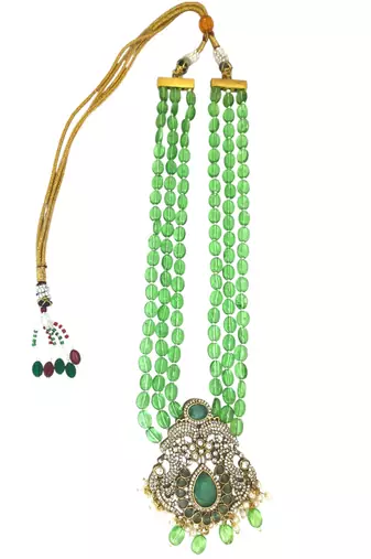 Antique gold plated mint green victorian long necklace set