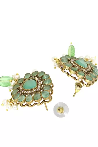 Antique gold plated mint green victorian long necklace set