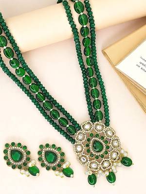 Gold plated dark green victorian long necklace set 1