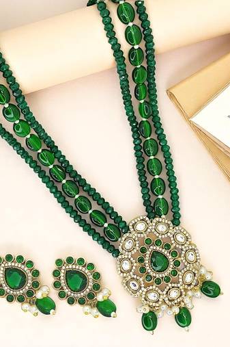 Gold plated dark green victorian long necklace set