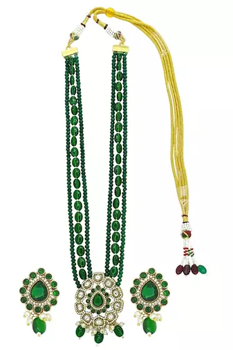 Gold plated dark green victorian long necklace set