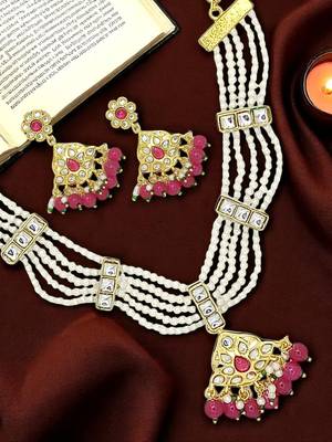 Antique gold-plated maroon & white beaded kundan necklace set 1