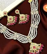 Antique gold-plated maroon & white beaded kundan necklace set