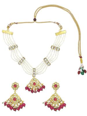Antique gold-plated maroon & white beaded kundan necklace set 2