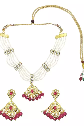 Antique gold-plated maroon & white beaded kundan necklace set