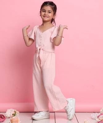 Girls' light peach co-ord set     flared sleeve front-knot top & wide-leg pants 2