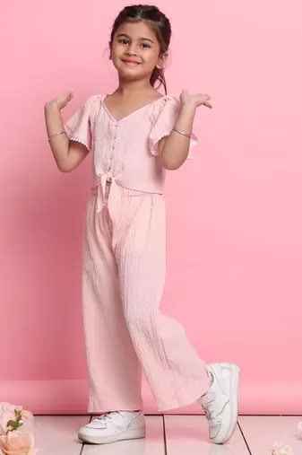Girls' light peach co-ord set     flared sleeve front-knot top & wide-leg pants