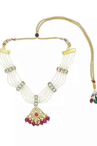 Antique gold-plated maroon & white beaded kundan necklace set